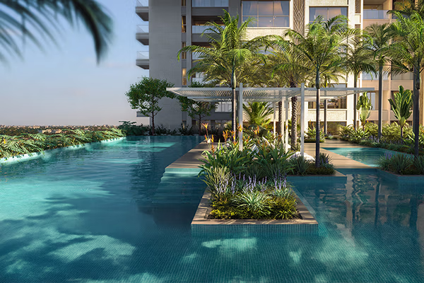 Podium pool and tropical landscape