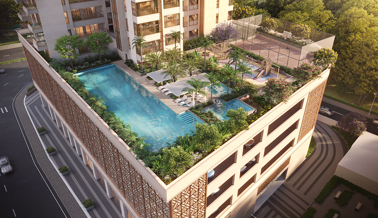 Podium swimming pool and landscaped deck