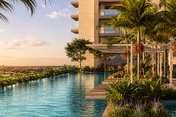 Podium pool and tropical landscape
