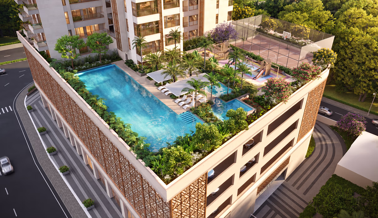 Podium swimming pool and landscaped deck