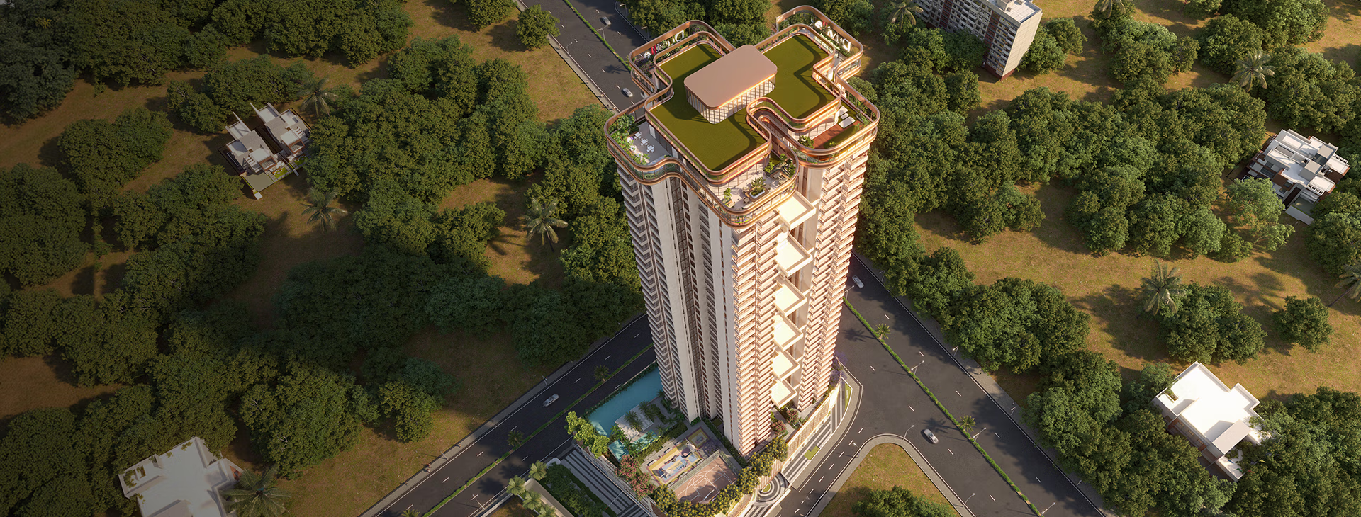 Aerial view of Avira rooftop architectural crown